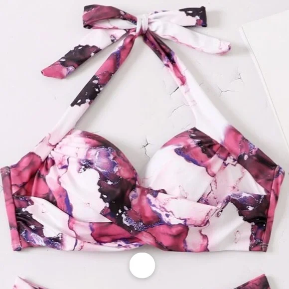 Boho Blue White Tie Dye Marble Print High Waisted Twisted Halter Bikini Set - Picture 10 of 12